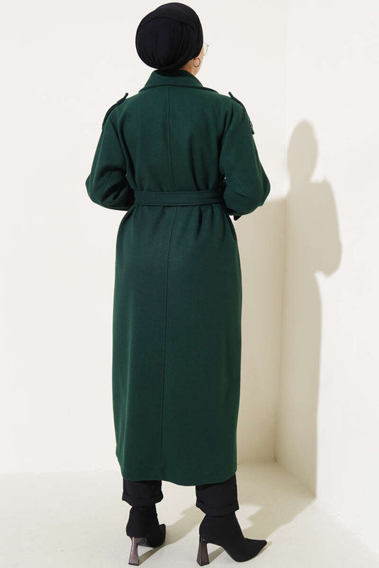 Emerald Green Long Wool Coat with Shoulder Epaulettes and Belt