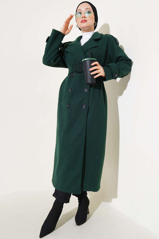 Emerald Green Long Wool Coat with Shoulder Epaulettes and Belt