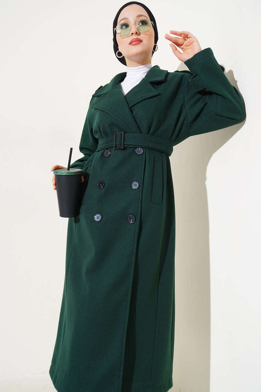 Emerald Green Long Wool Coat with Shoulder Epaulettes and Belt