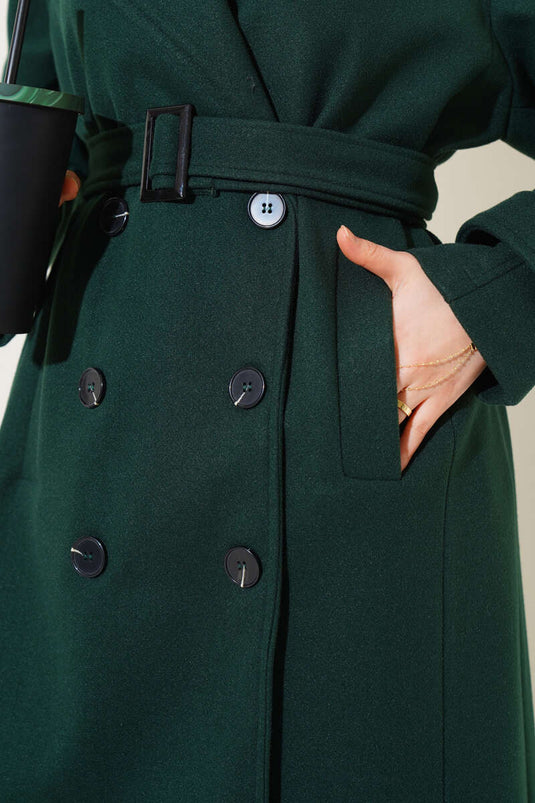 Emerald Green Long Wool Coat with Shoulder Epaulettes and Belt
