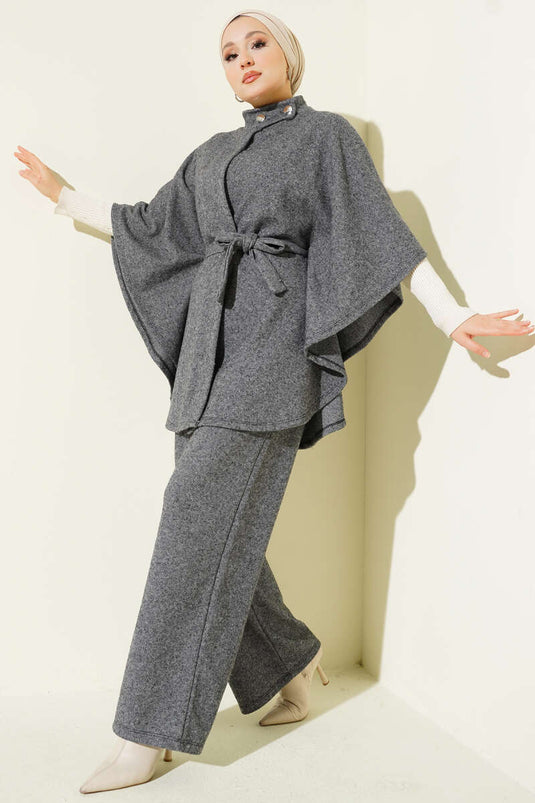Belted Poncho Two Piece Set Smoke
