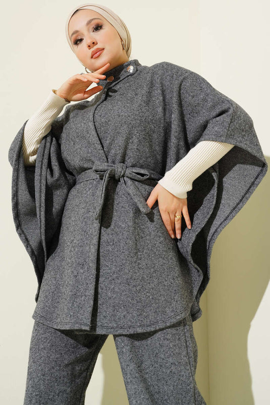 Poncho ceinturé deux pièces, couleur fumée