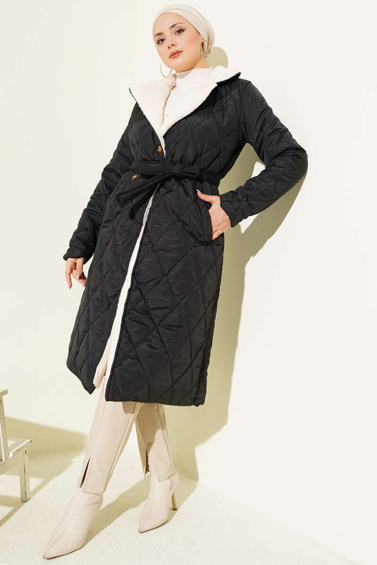 Belted Plush Detailed Quilted Coat Black