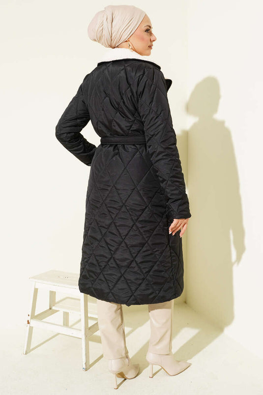 Belted Plush Detailed Quilted Coat Black