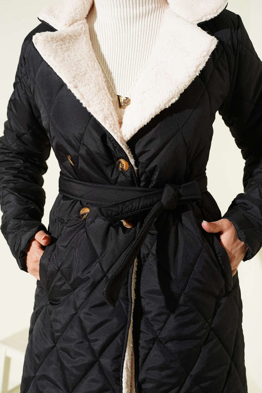 Belted Plush Detailed Quilted Coat Black