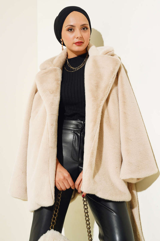 معطف قطيفة بحزام باللون البيج