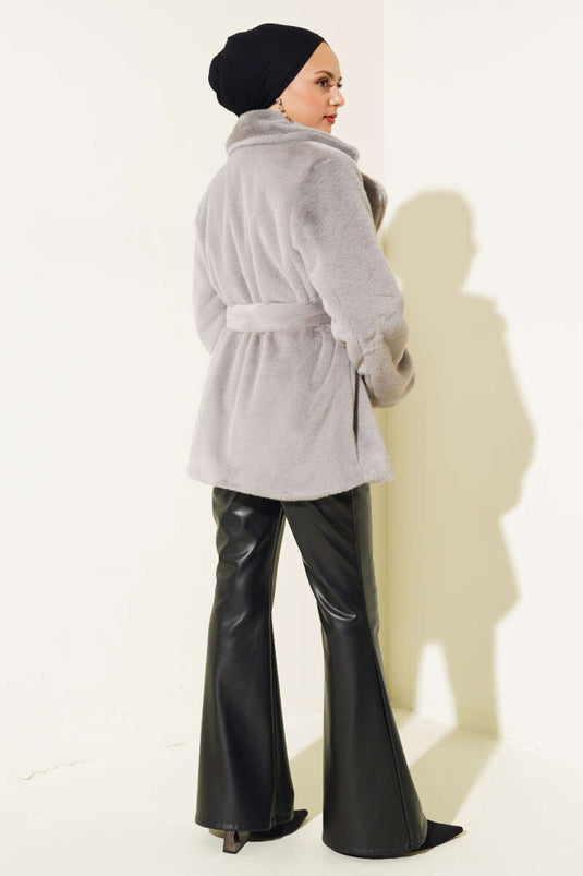 معطف قطيفة بحزام رمادي