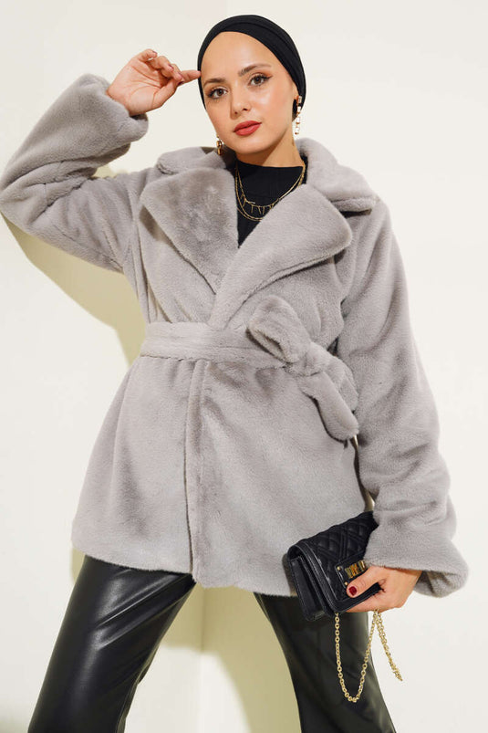 معطف قطيفة بحزام رمادي