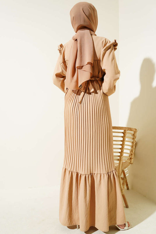 Kuşaklı Pliseli Prenses Elbise Latte