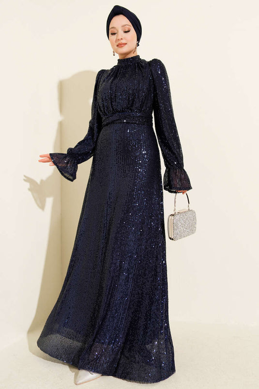 Navy Blue Formal Dress with Belt and Sequin Detailing