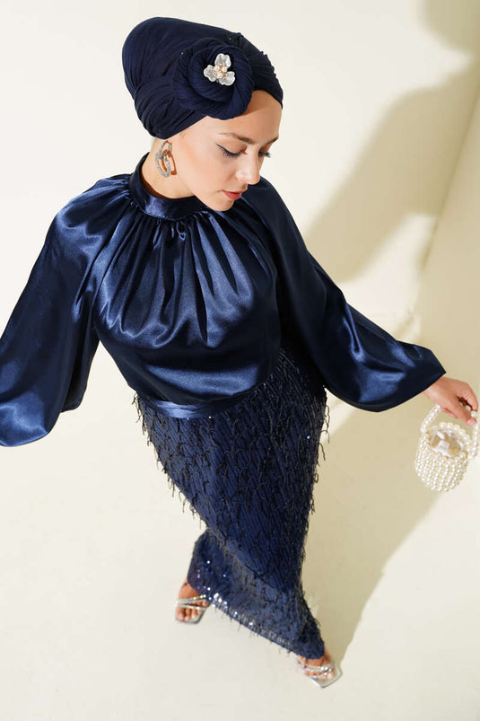 فستان سهرة بحزام مزين بالترتر باللون الأزرق الداكن