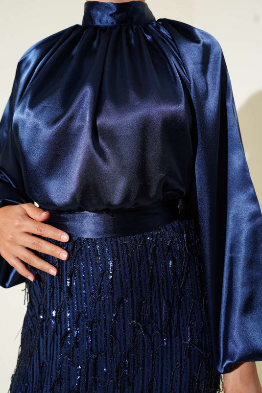 فستان سهرة بحزام مزين بالترتر باللون الأزرق الداكن