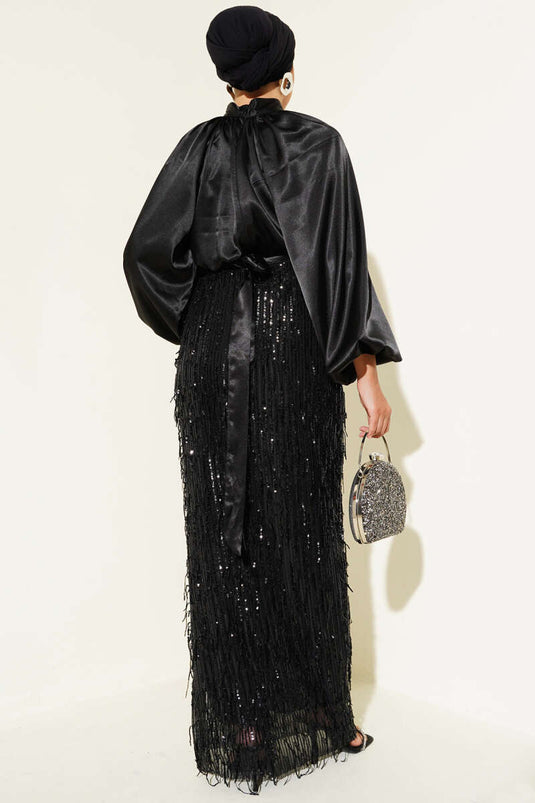 Belted Sequined Evening Dress Black