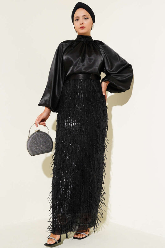 Belted Sequined Evening Dress Black