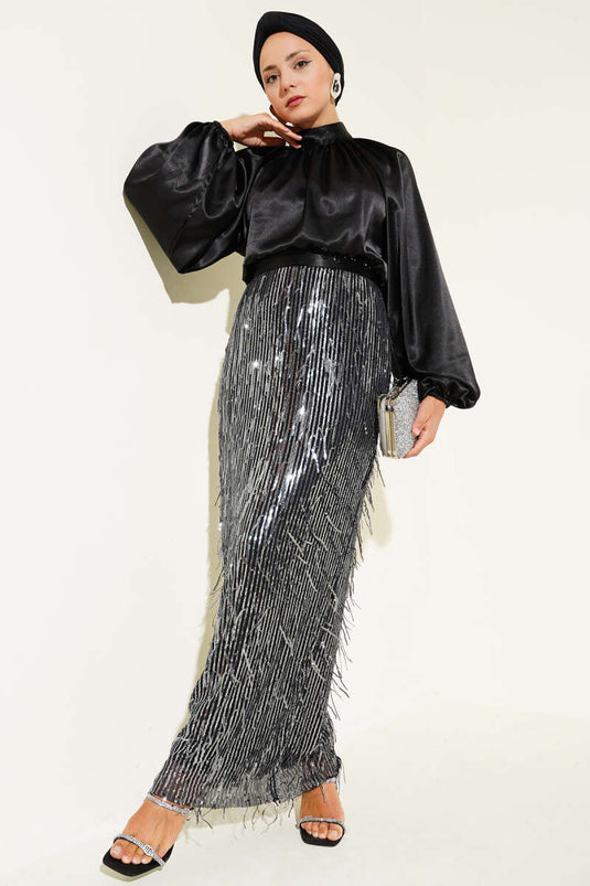 فستان سهرة أسود فضي بحزام ومزين بالترتر