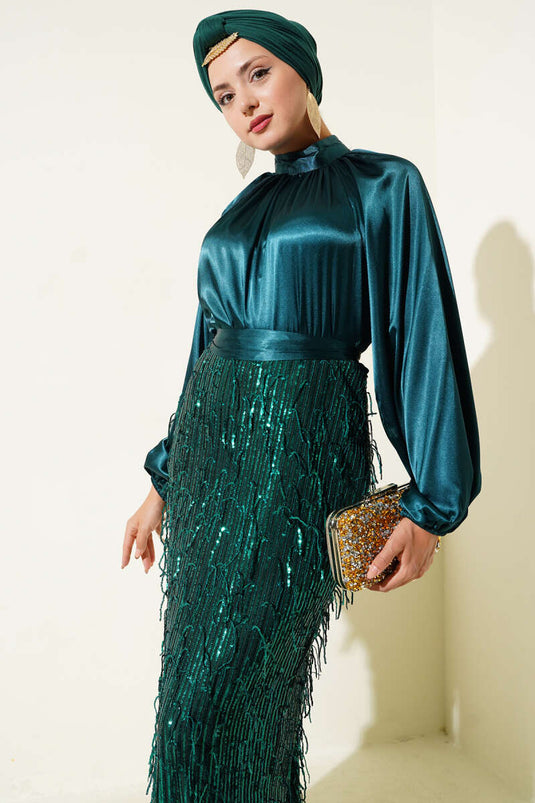 Belted Sequined Evening Dress Green