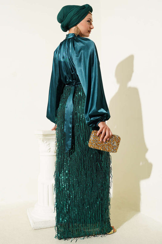 Belted Sequined Evening Dress Green