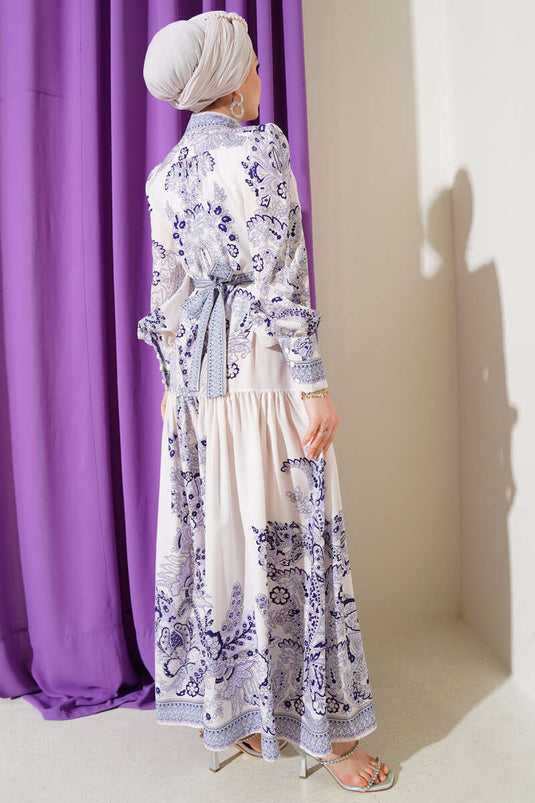 فستان بحزام وأزرار بنمط ريترو، لون أرجواني