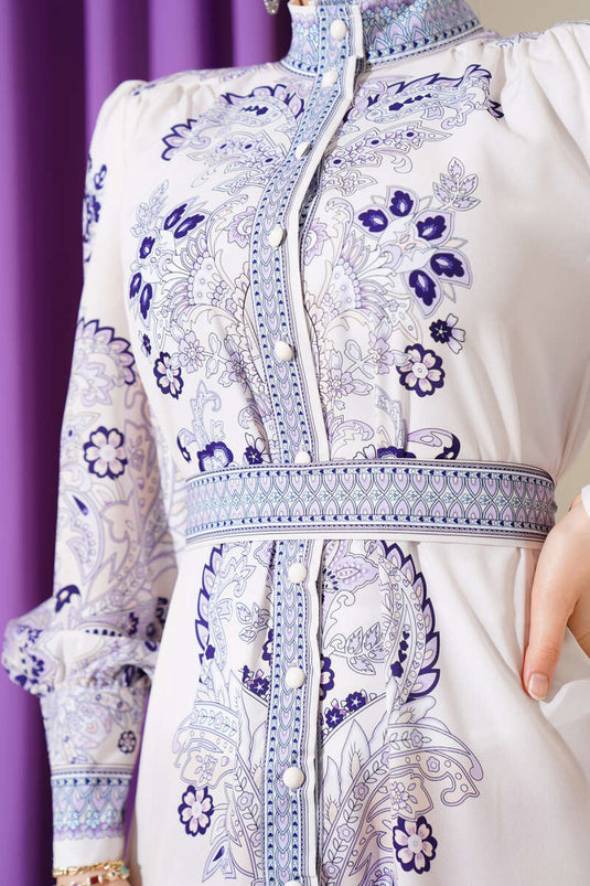 فستان بحزام وأزرار بنمط ريترو، لون أرجواني