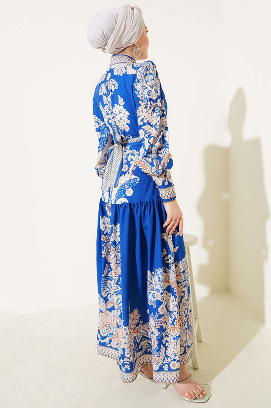 Robe boutonnée à motif rétro ceinturé en Saxe