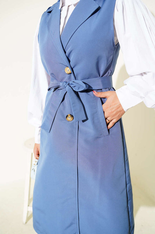 Kuşaklı Sıfır Kol Trençkot İndigo