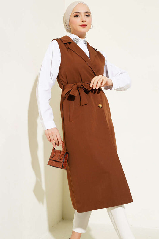 Belted Sleeveless Trench Coat Brown