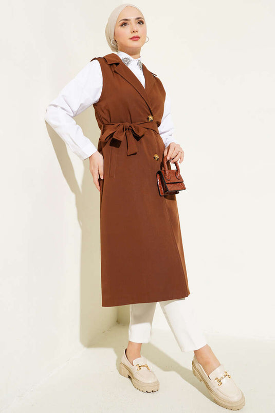 Belted Sleeveless Trench Coat Brown