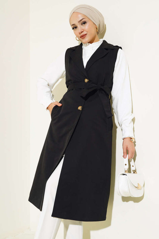 Belted Zero Sleeve Trench Coat Black