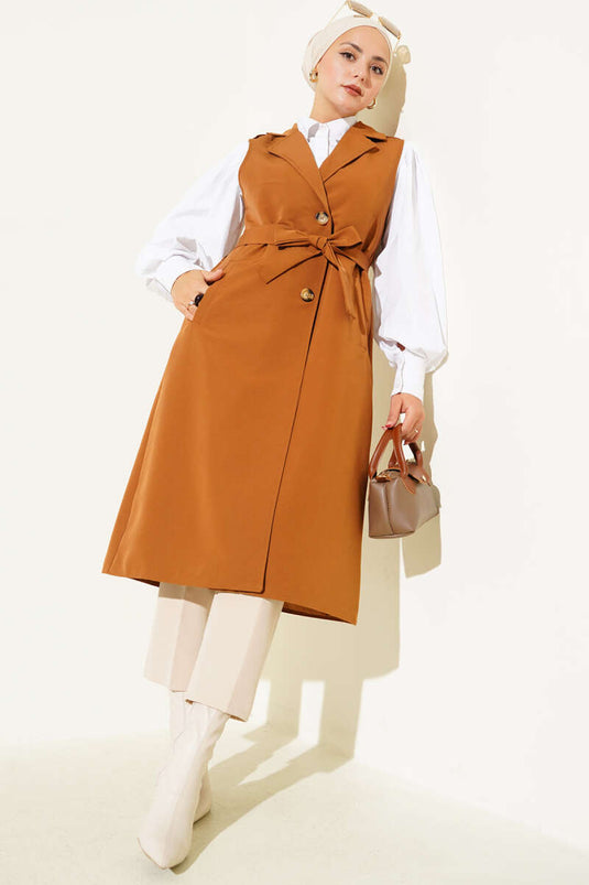 Kuşaklı Sıfır Kol Trençkot Taba