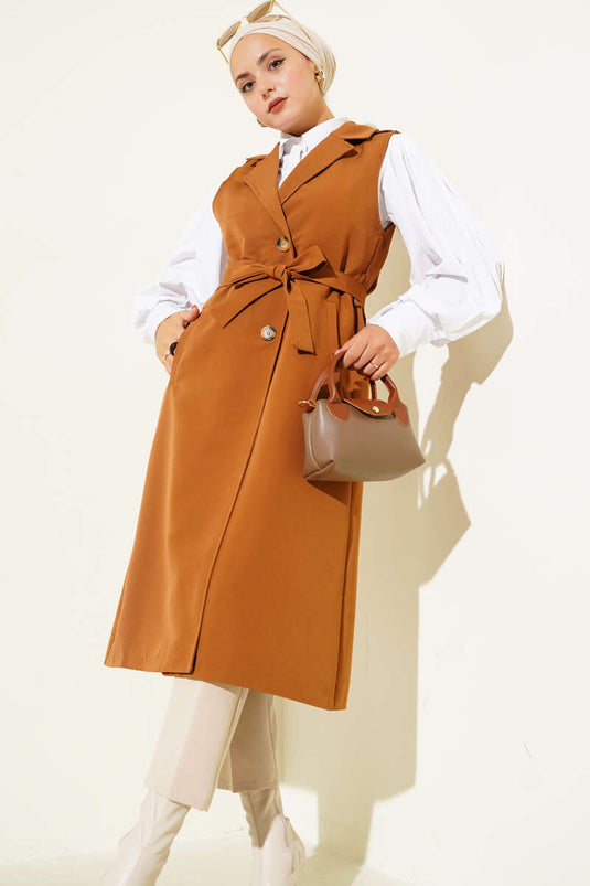 Belted Zero Sleeve Trench Coat Tan