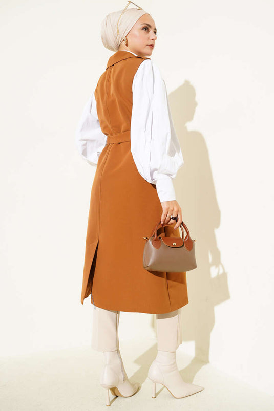 Belted Zero Sleeve Trench Coat Tan