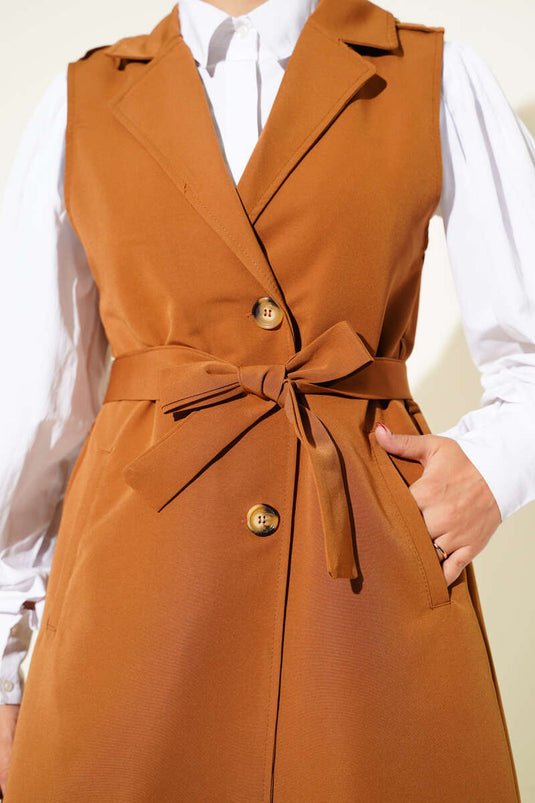 Kuşaklı Sıfır Kol Trençkot Taba