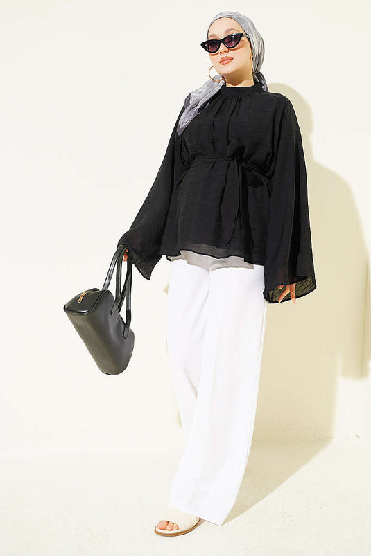 Túnica De Gasa Negra Con Cinturón Y Mangas Batwing