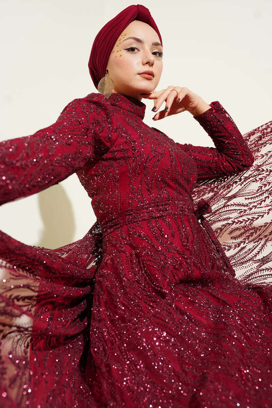 Kuşaklı Simli Pullu Abiye Elbise Bordo