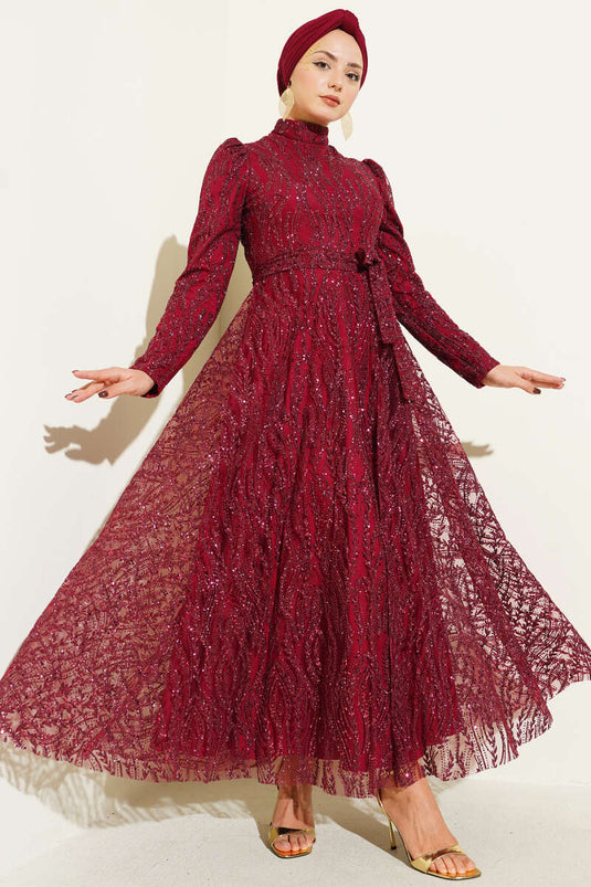 Kuşaklı Simli Pullu Abiye Elbise Bordo