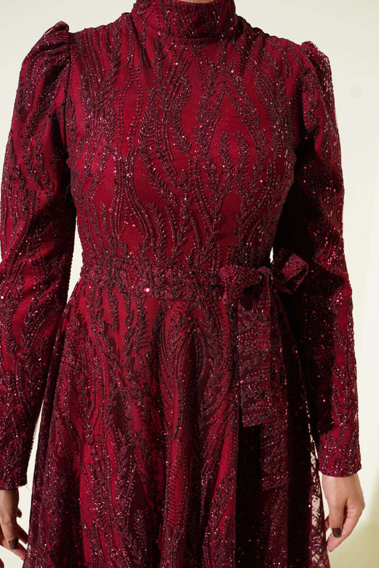 Kuşaklı Simli Pullu Abiye Elbise Bordo