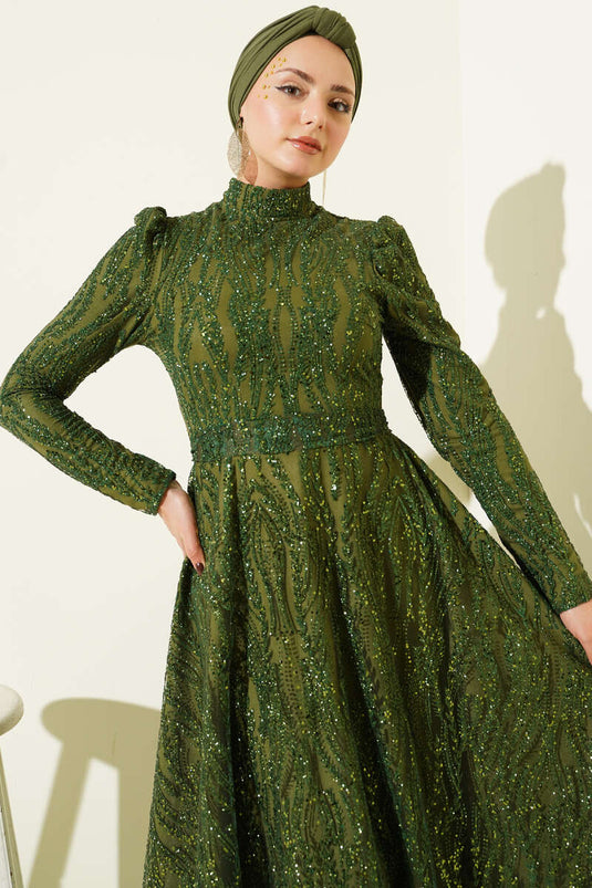 Kuşaklı Simli Pullu Abiye Elbise Haki