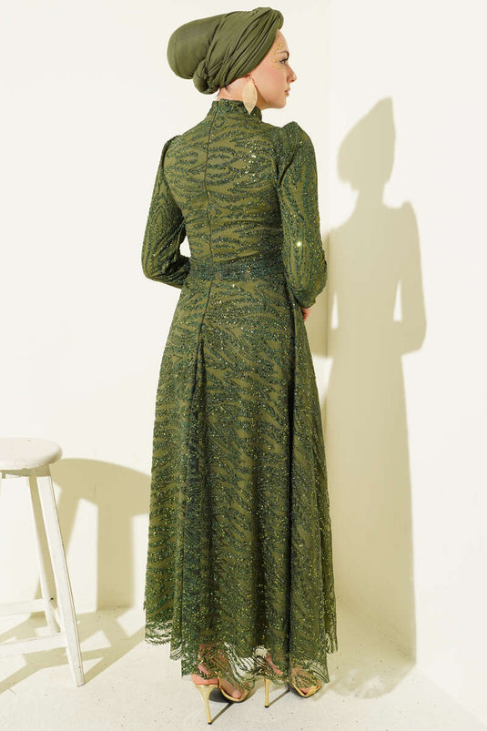 Kuşaklı Simli Pullu Abiye Elbise Haki