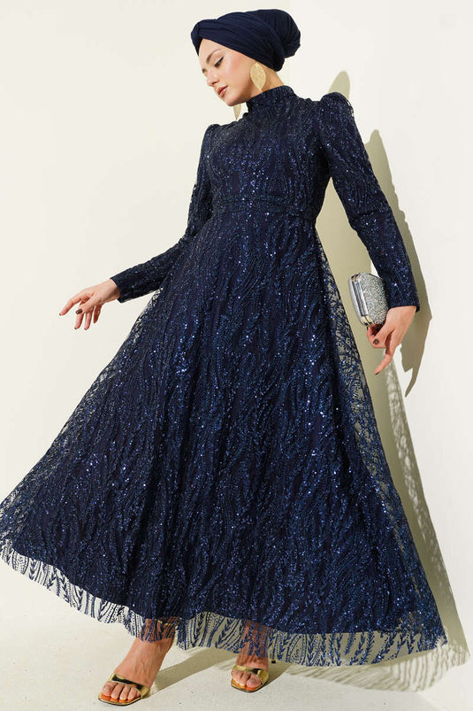 Kuşaklı Simli Pullu Abiye Elbise Lacivert