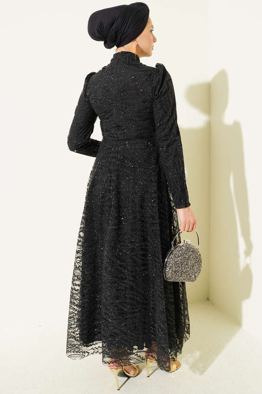 Kuşaklı Simli Pullu Abiye Elbise Siyah