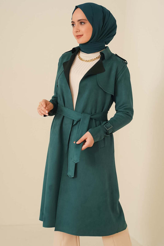 Trench-Coat En Daim Ceinturé Vert Émeraude
