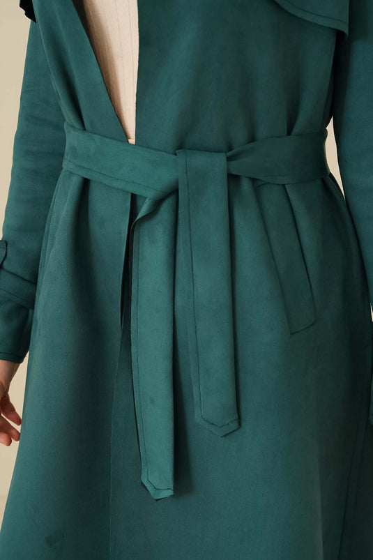 Trench-Coat En Daim Ceinturé Vert Émeraude