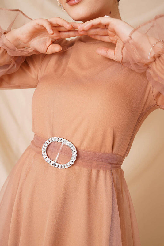 Robe En Tulle Ceinturée Latte