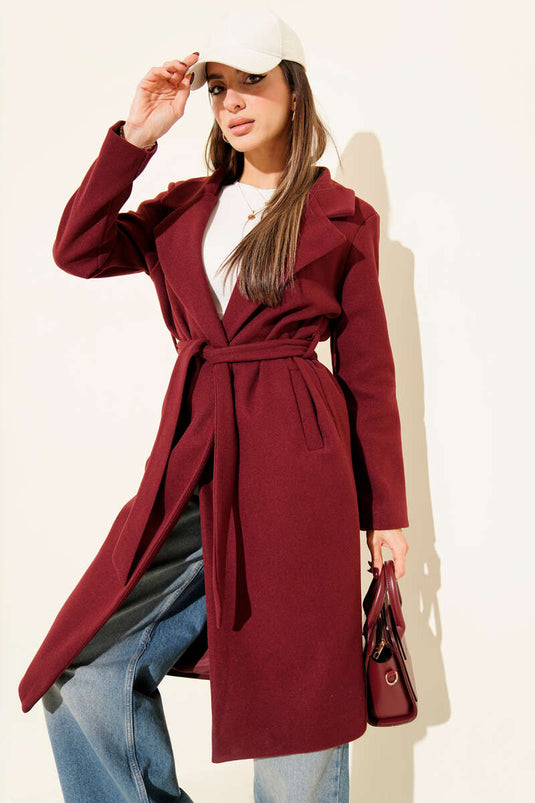 معطف طويل من الصوف الثقيل بحزام بلون خمري