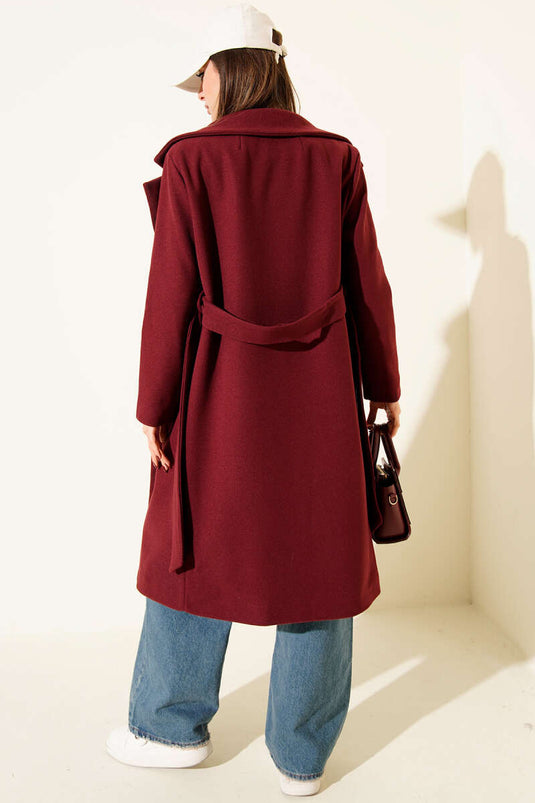 معطف طويل من الصوف الثقيل بحزام بلون خمري