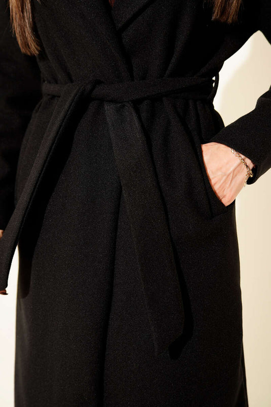 معطف طويل من الكشمير بحزام، أسود