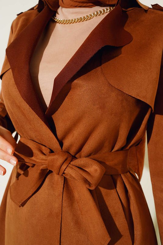 معطف طويل من جلد الغزال بحزام تان