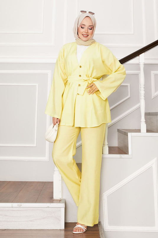 Kuşaklı Ve Düğmeli Kimono Takım Sarı