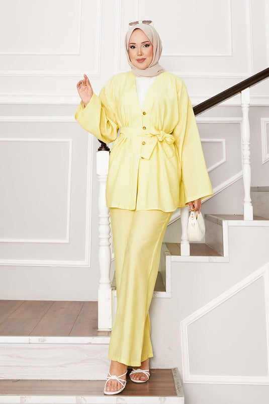 Kuşaklı Ve Düğmeli Kimono Takım Sarı