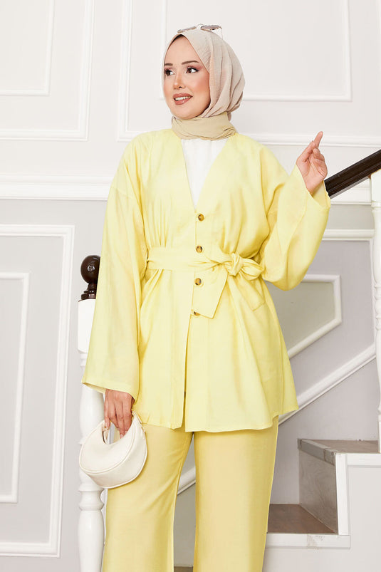 Kuşaklı Ve Düğmeli Kimono Takım Sarı